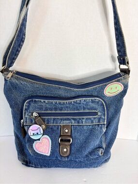 Y2K Denim Crossbody Shoulder Bag with Cute Patch Accents